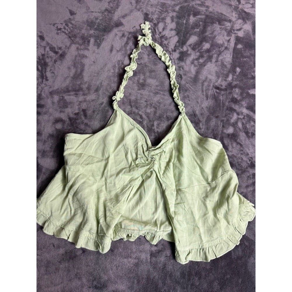 Sage Green Ruffle Hem Halter Top Ruched Neckline Boho Crop Camisole